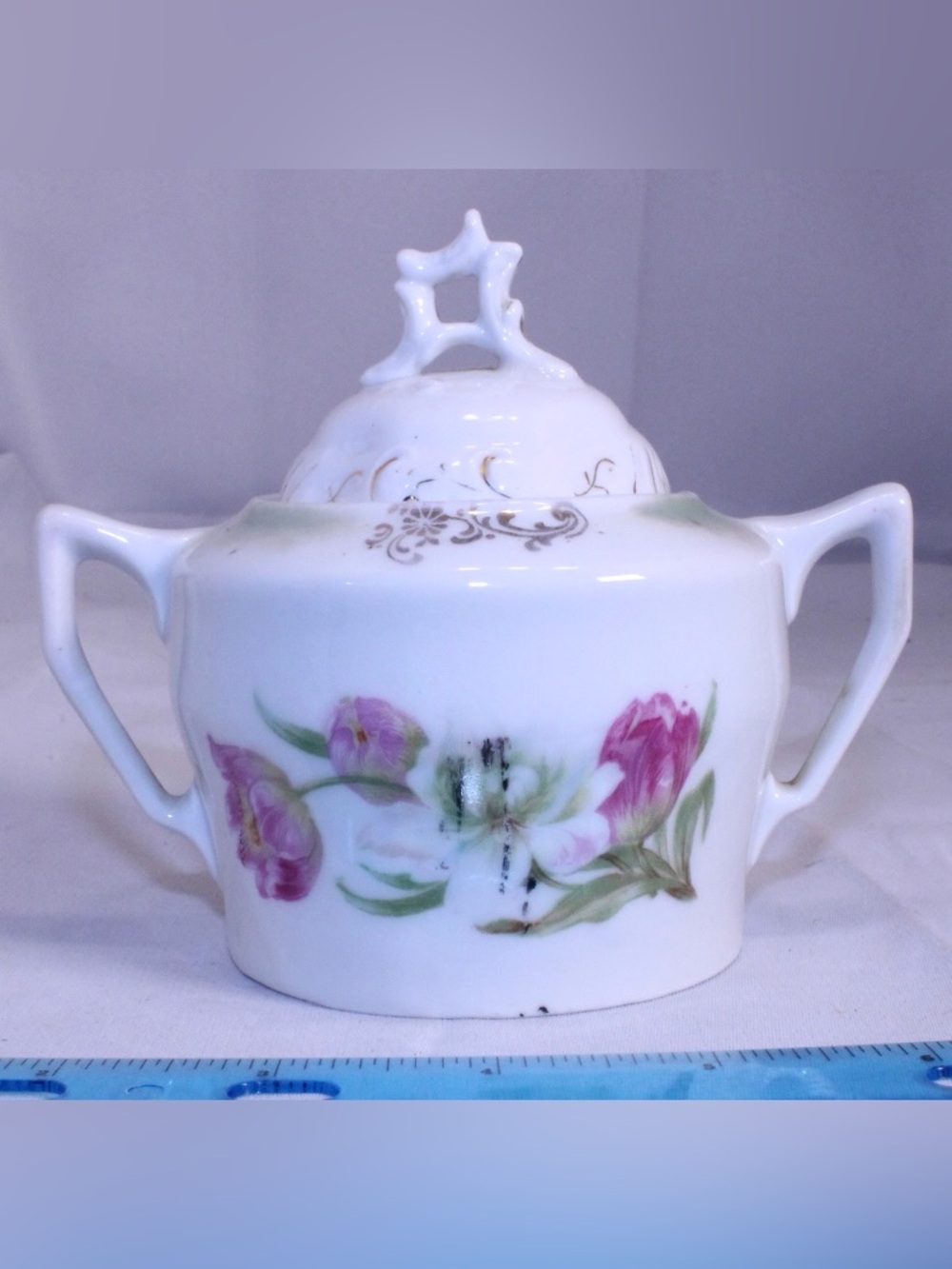 Antique Porcelain Sugar Bowl Pink and White Flowers with Matching Lid